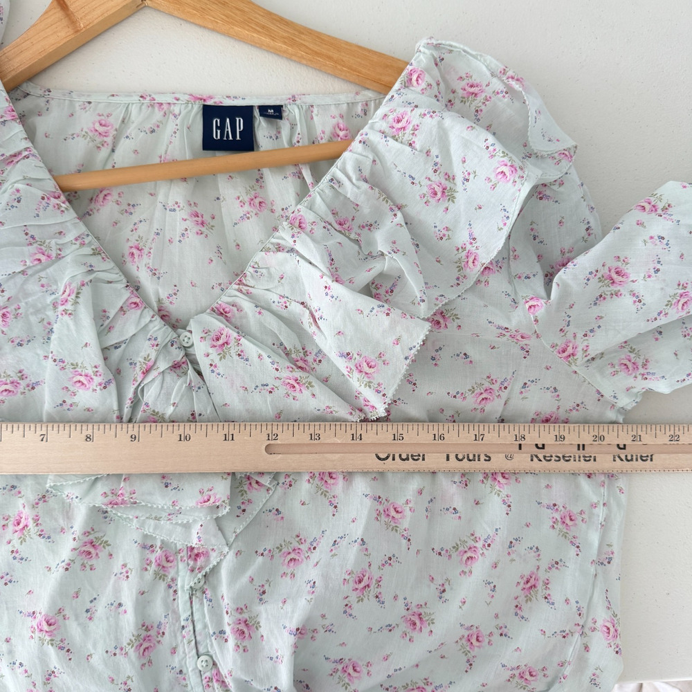 Gap Blouse Women Medium Blue Floral Cotton Ruffle Coquette Romantic Cottagecore - Picture 10 of 11